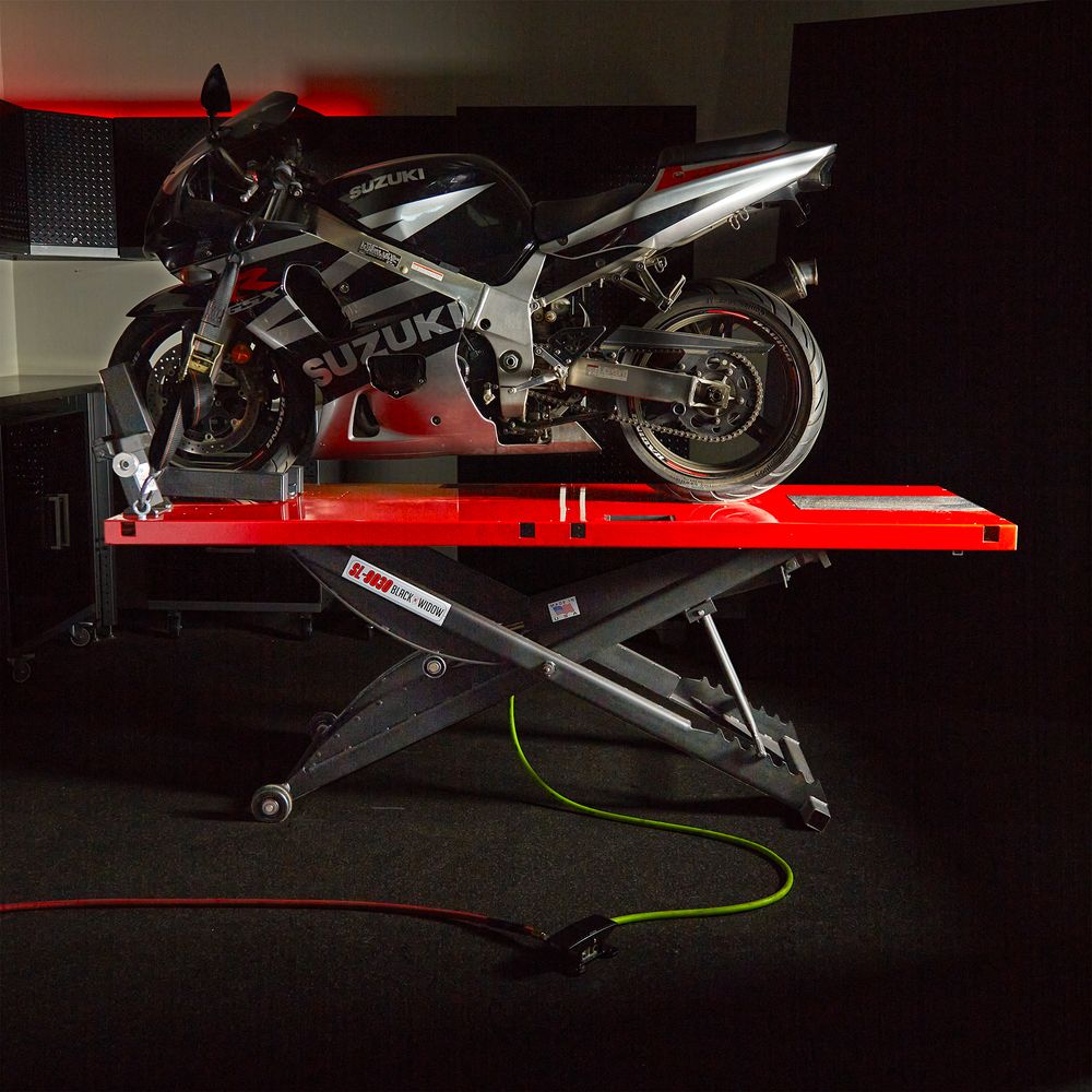 Black Widow Extra-Long Pneumatic Motorcycle Lift Table | Model BW-9030-KIT | Platform Size 90" x 30" | Capacity 1,200 lb | For Street, Touring & Cruiser Bikes