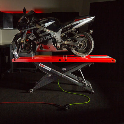 Black Widow Extra-Long Pneumatic Motorcycle Lift Table | Model BW-9030-KIT | Platform Size 90" x 30" | Capacity 1,200 lb | For Street, Touring & Cruiser Bikes