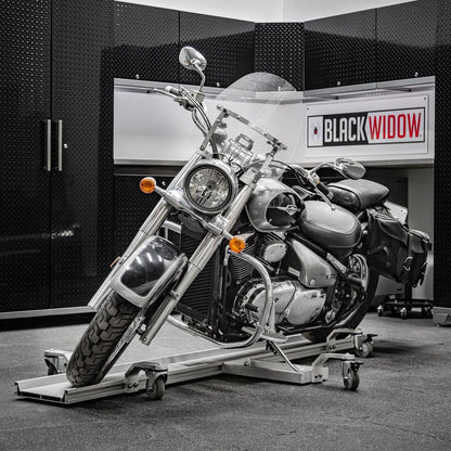 Black Widow Professional Aluminum Motorcycle Dolly | Model BW-PRO-DOLLY | Track Length 89" | Capacity 1,500 lb | For Street, Touring & Cruiser Motorcycles