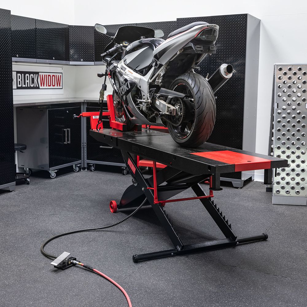 Black Widow Pneumatic ProLift Motorcycle Lift Table | Model BW-PROLIFT-HD | Platform Size 105.5" x 24" | Capacity 1,500 lb | For Touring, Cruiser & Heavy Motorcycles