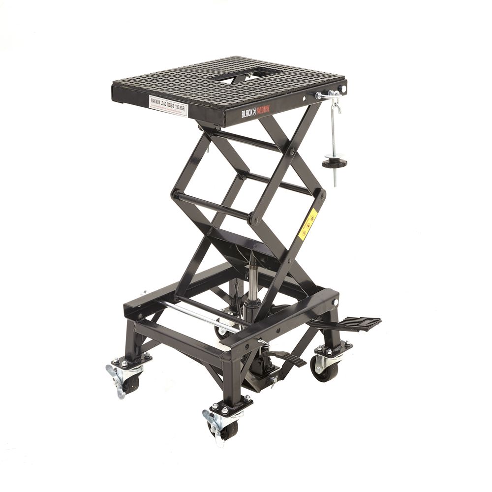 Black Widow Hydraulic Motorcycle Scissor Lift w/Casters | Model BW-SJ-4303 | Platform Size 16" x 14" | Capacity 300 lb | For Dirt Bikes & Lightweight Motorcycles