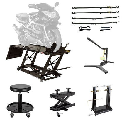 Black Widow Essential Motorcycle Shop Kit | Model BW-SK-E | Platform Dimensions 78" x 47" | Lift Height Up To 30" | Capacity 1,000 lb | For Street, Touring & Cruiser Bikes
