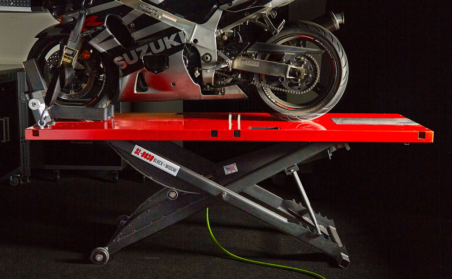 Black Widow Extra-Long Pneumatic Motorcycle Lift Table | Model BW-9030-KIT | Platform Size 90" x 30" | Capacity 1,200 lb | For Street, Touring & Cruiser Bikes