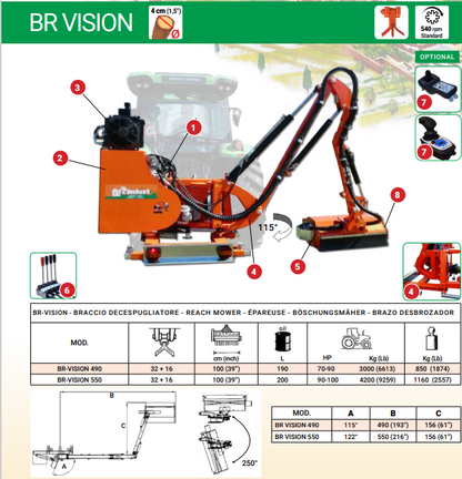 Rinieri Boom Reach Mower BR-VISION 490-550 | 39" Working Width | 70-100HP for Tractor