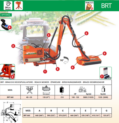 Rinieri Boom Reach Mower BRT-660 With Telescopic Frame | 47" Working Width | 40+20 Knives | 100-120HP for Tractor