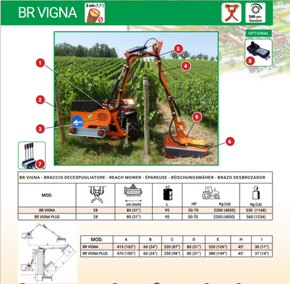 Rinieri Boom Reach Mower BR-VIGNA | 32" Working Width | 28 Knives | 50-80HP for Tractor