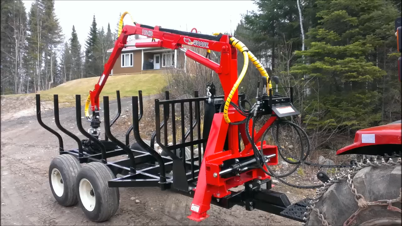 Woody Equipment 8' 9'' Forestry Trailer Model 9-58 HV with Gooseneck Log Loader Model 105 HD | Pull Type | For Compact Tractors | 20 HP - 40HP