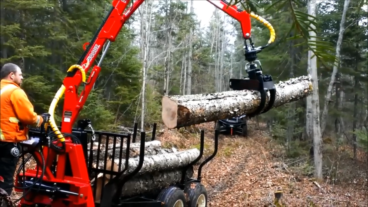 Woody Equipment 8' 9'' Forestry Trailer Model 9-58 HV with Gooseneck Log Loader Model 105 HD | Pull Type | For Compact Tractors | 20 HP - 40HP