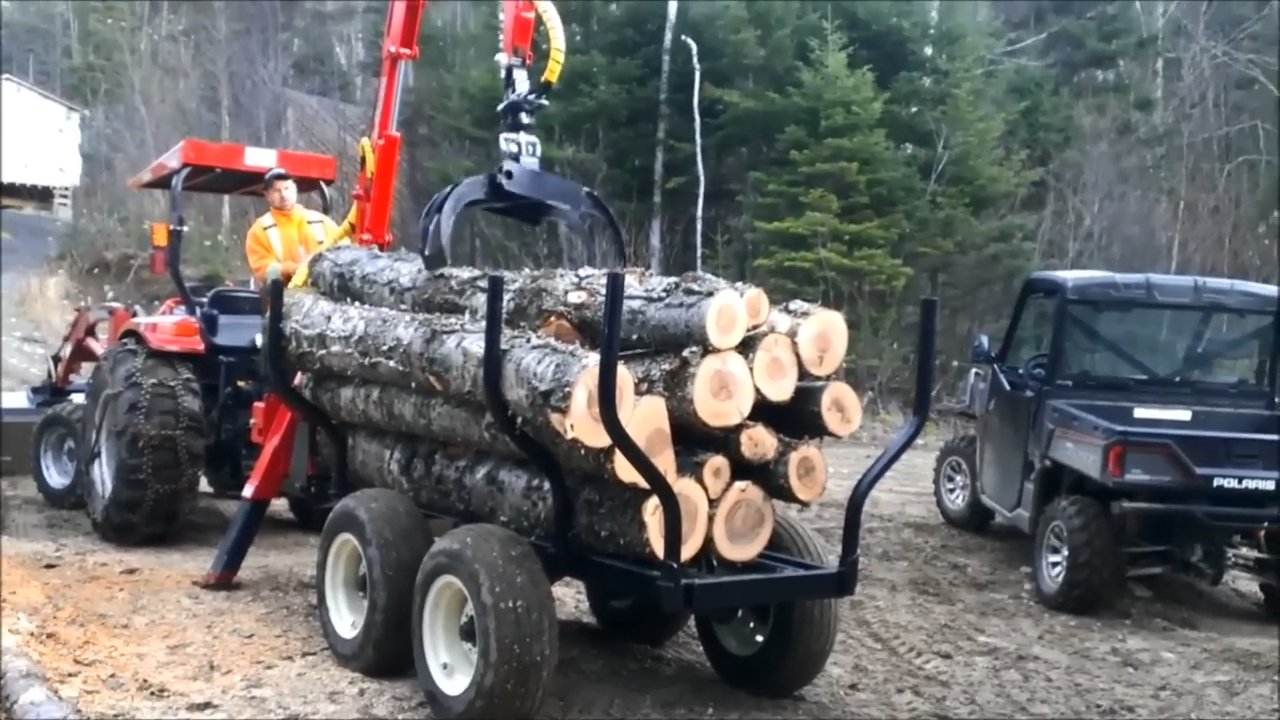 Woody Equipment 8' 9'' Forestry Trailer Model 9-58 HV with Gooseneck Log Loader Model 105 HD | Pull Type | For Compact Tractors | 20 HP - 40HP