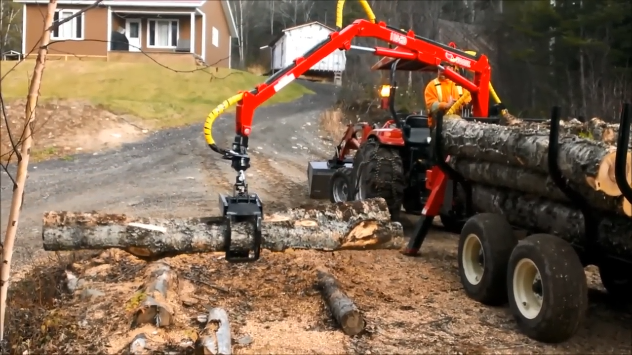 Woody Equipment 8' 9'' Forestry Trailer Model 9-58 HV with Gooseneck Log Loader Model 105 HD | Pull Type | For Compact Tractors | 20 HP - 40HP