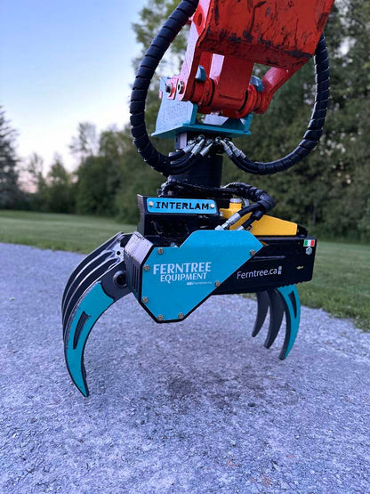 Ferntree EagleClaw Grapple Saw & THUMM Rotator | Model UNI 1.1 – 1.7 | Height 38"–68" | Jaw Depth 17"–27" | Machine Size 1.5–20 Tons  | For Excavators