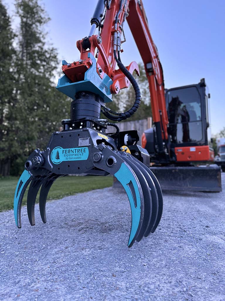 Ferntree EagleClaw Grapple Saw & THUMM Rotator | Model UNI 1.1 – 1.7 | Height 38"–68" | Jaw Depth 17"–27" | Machine Size 1.5–20 Tons  | For Excavators