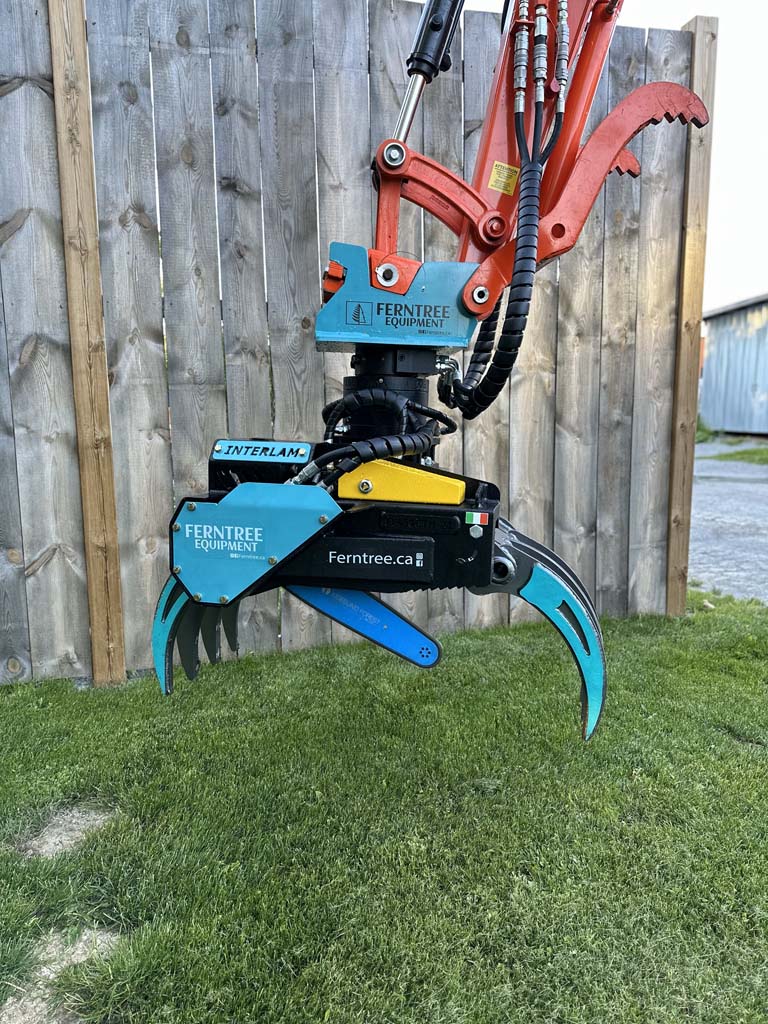 Ferntree EagleClaw Grapple Saw & THUMM Rotator | Model UNI 1.1 – 1.7 | Height 38"–68" | Jaw Depth 17"–27" | Machine Size 1.5–20 Tons  | For Excavators
