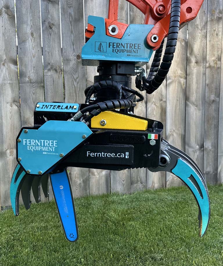 Ferntree EagleClaw Grapple Saw & THUMM Rotator | Model UNI 1.1 – 1.7 | Height 38"–68" | Jaw Depth 17"–27" | Machine Size 1.5–20 Tons  | For Excavators