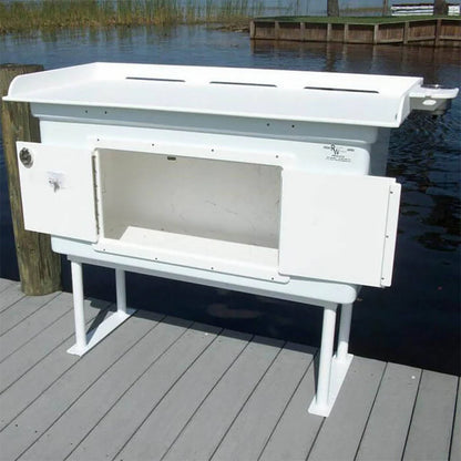 CM Marine Cabinet Fillet Table | Model FCS‑CAB‑FLIP | Size 54" x 32" | Lift‑Top Storage System | Universal Dock & Seawall Mount