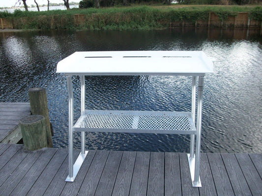 RIO MARINE CUSTOMS | Fish Cleaning Table | Dock Mount with Shelf | Model FCS50-4 | 50" W x 23" D | Starboard Surface | Universal Dock