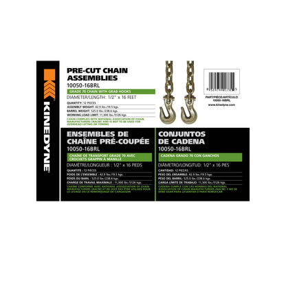 Kinedyne Grade 70 Grab Hook Chain Assembly | Model 10050-16BRL | Width 1/2" | Length 16' | Working Load Limit 11,300 lbs | For Heavy-Duty Cargo Securement & Transport Tie-Down