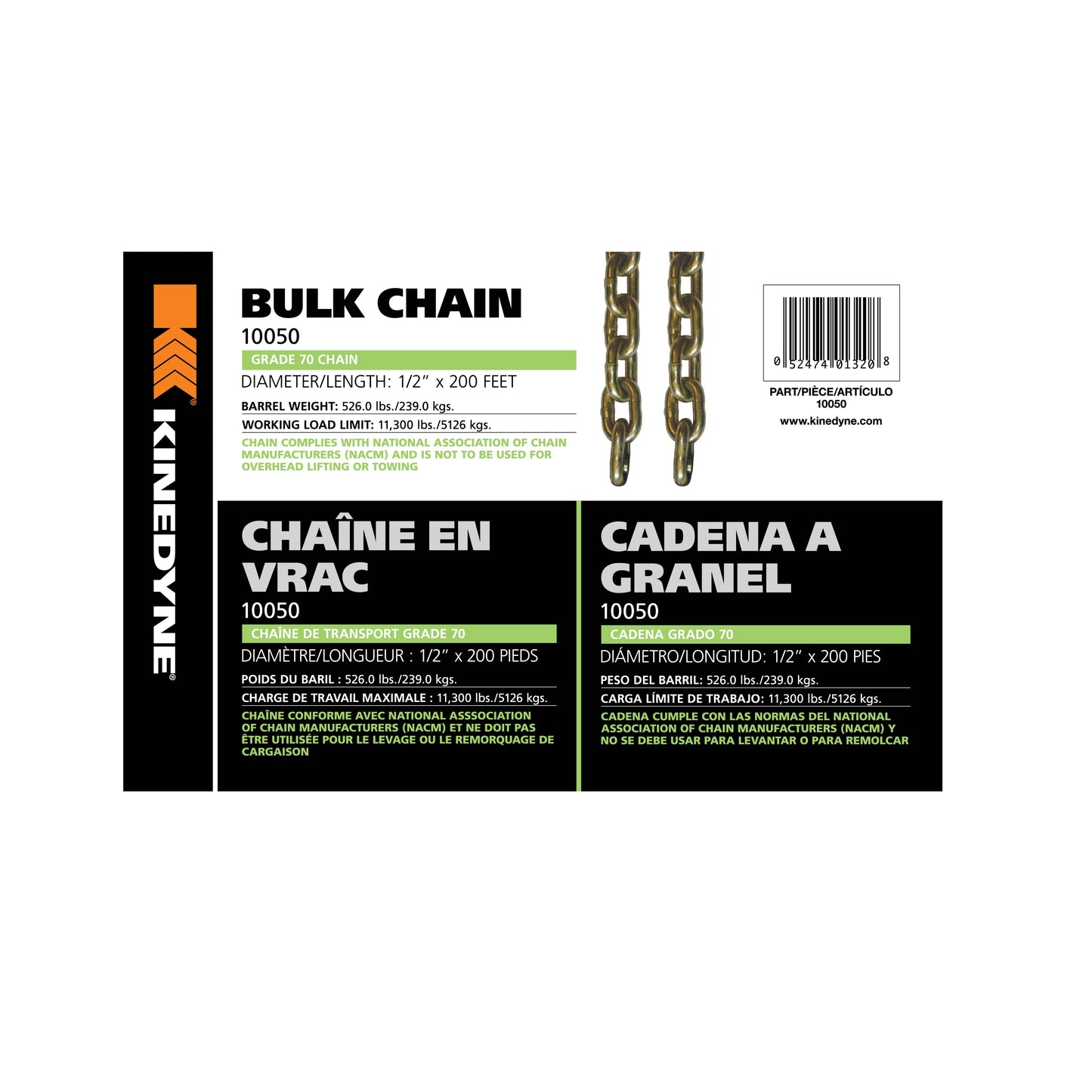 Kinedyne Grade 70 Bulk Transport Chain | Model 10050 | Width 1/2" | Length 200' | Working Load Limit 11,300 lbs | For Flatbed, Trailer & Industrial Transport