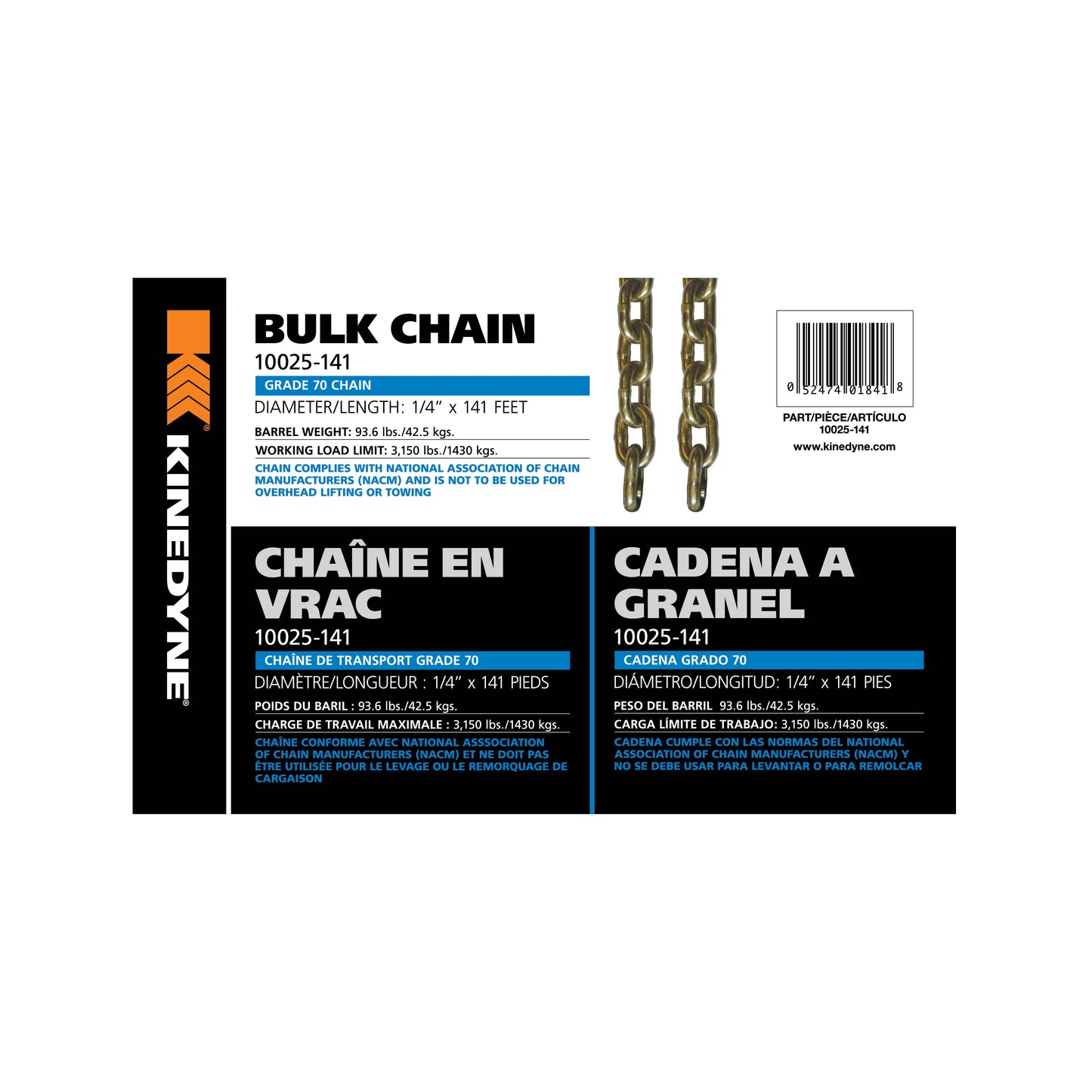 Kinedyne Grade 70 Bulk Chain | Width 1/4" | Length 141' | Working Load Limit 1,430 Kg | For Cargo, Farm & Industrial Tie-Down Applications