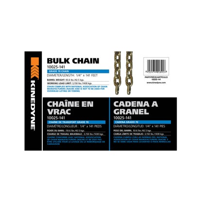 Kinedyne Grade 70 Bulk Chain | Width 1/4" | Length 141' | Working Load Limit 1,430 Kg | For Cargo, Farm & Industrial Tie-Down Applications