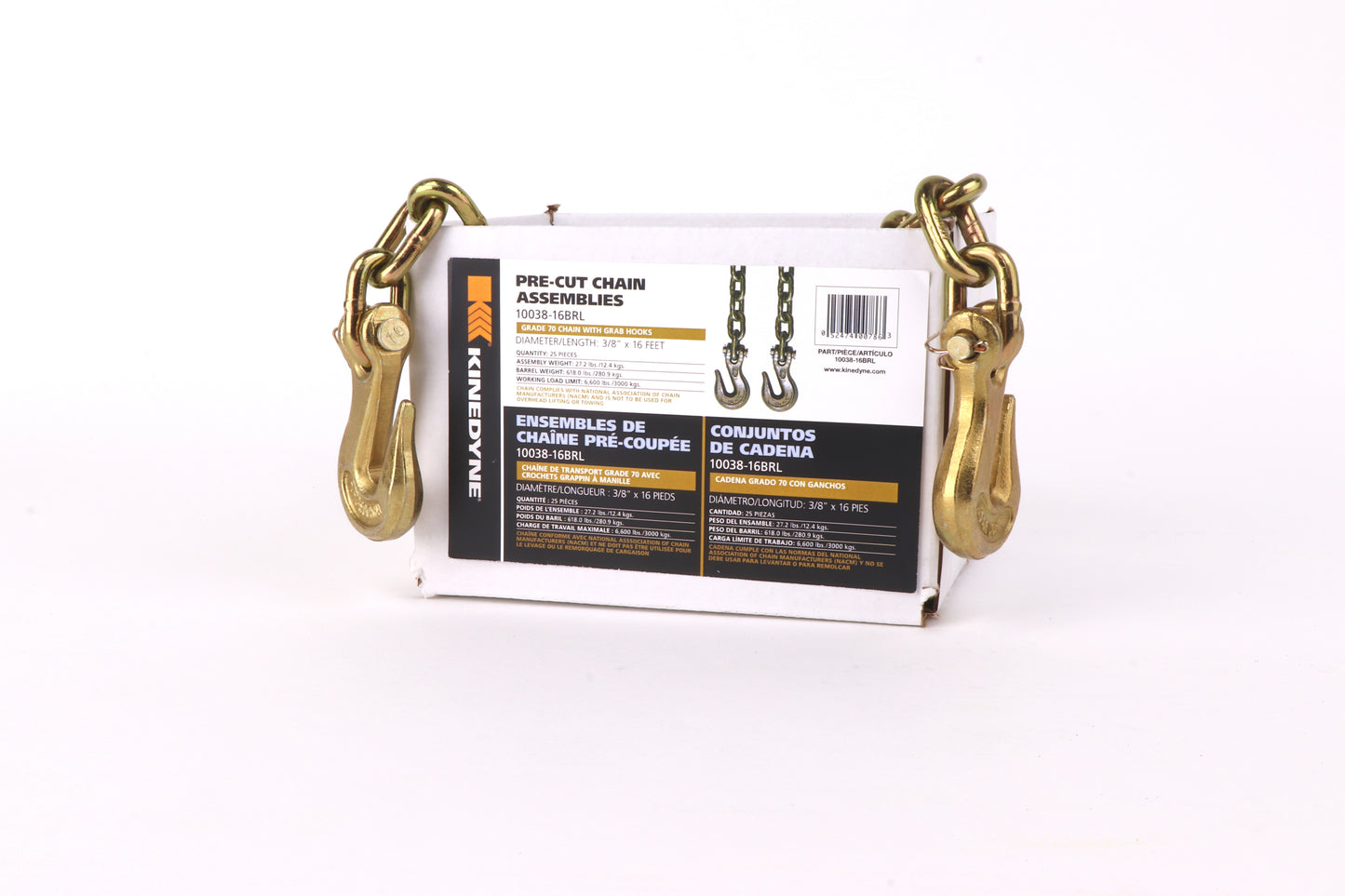 Kinedyne Grade 70 Grab Hook Chain Assembly | Width 3/8" | Length 16' | Working Load Limit 3,000 Kg | 25 Units Per Barrel | For Cargo & Industrial Tie-Down Applications