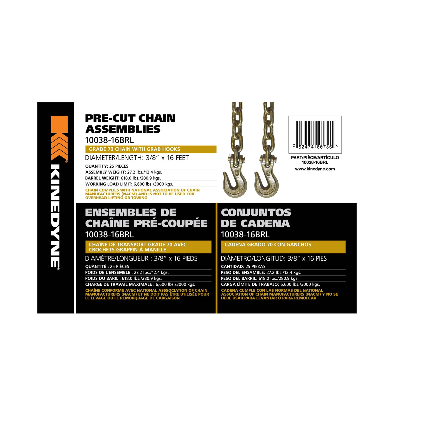 Kinedyne Grade 70 Grab Hook Chain Assembly | Width 3/8" | Length 16' | Working Load Limit 3,000 Kg | 25 Units Per Barrel | For Cargo & Industrial Tie-Down Applications