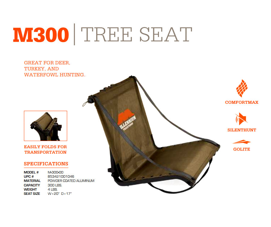 Millennium Treestands M300 Tree Seat | Model M-300-00 | Width 19.75" | Capacity 300 lb | Hunting