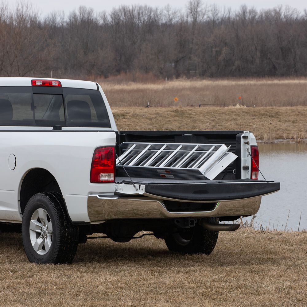 Black Widow Motorcycle Loading Ramp with Steps | Model MC-STEPRAMP-1737 | Width 6' 10.25" Bi-Fold | Ramp Capacity 750 lb. | Step Capacity 400 lb. | For Truck & Trailer