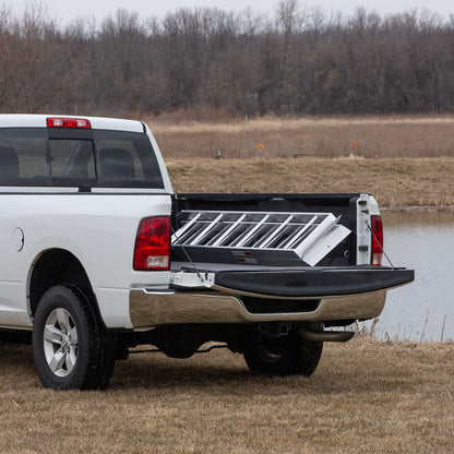 Black Widow Motorcycle Loading Ramp with Steps | Model MC-STEPRAMP-1737 | Width 6' 10.25" Bi-Fold | Ramp Capacity 750 lb. | Step Capacity 400 lb. | For Truck & Trailer