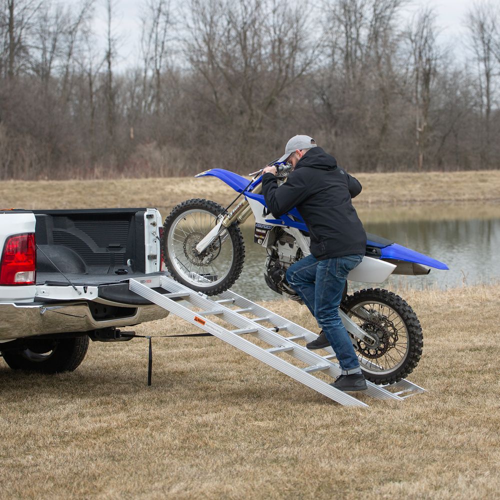 Black Widow Motorcycle Loading Ramp with Steps | Model MC-STEPRAMP-1737 | Width 6' 10.25" Bi-Fold | Ramp Capacity 750 lb. | Step Capacity 400 lb. | For Truck & Trailer