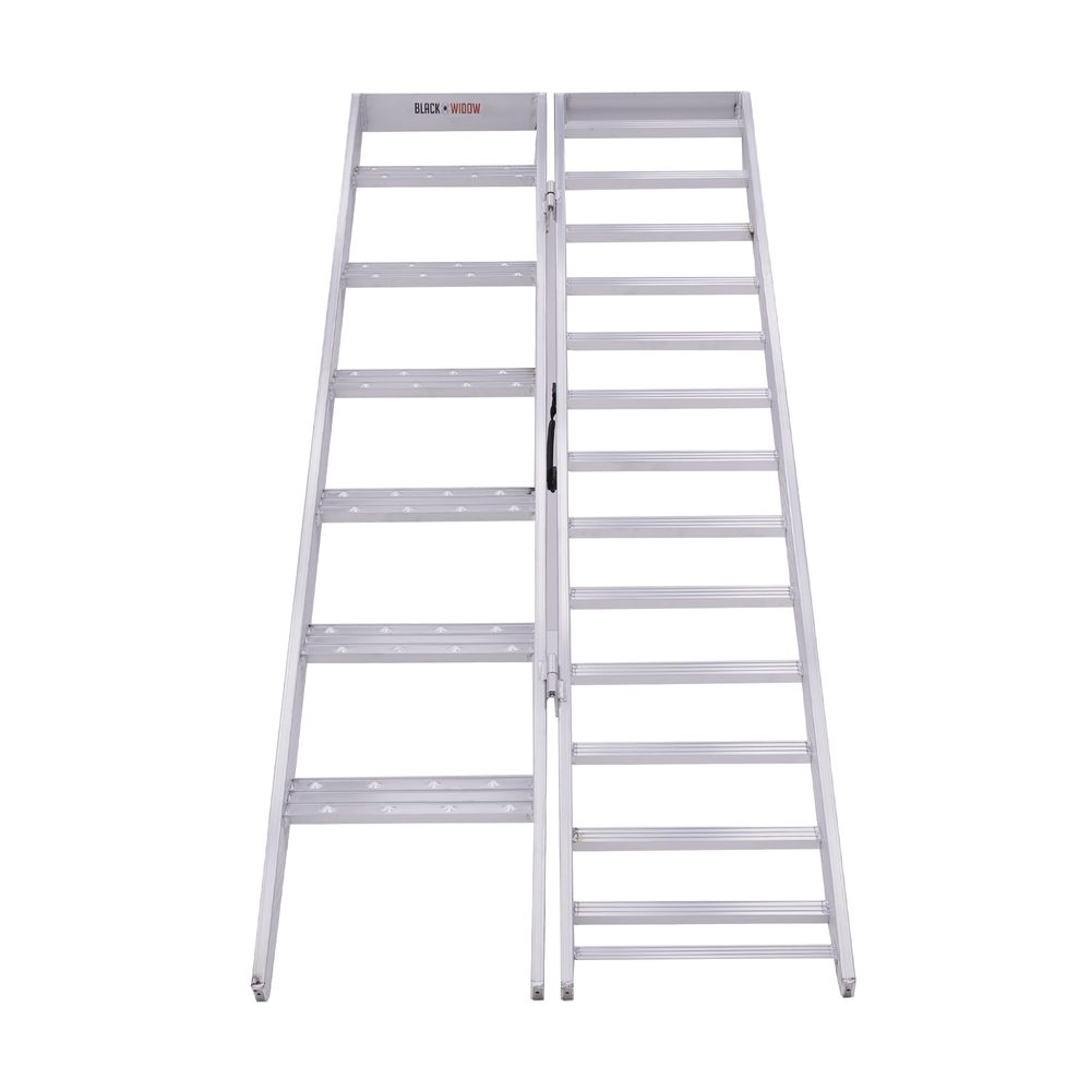 Black Widow Motorcycle Loading Ramp with Steps | Model MC-STEPRAMP-1737 | Width 6' 10.25" Bi-Fold | Ramp Capacity 750 lb. | Step Capacity 400 lb. | For Truck & Trailer