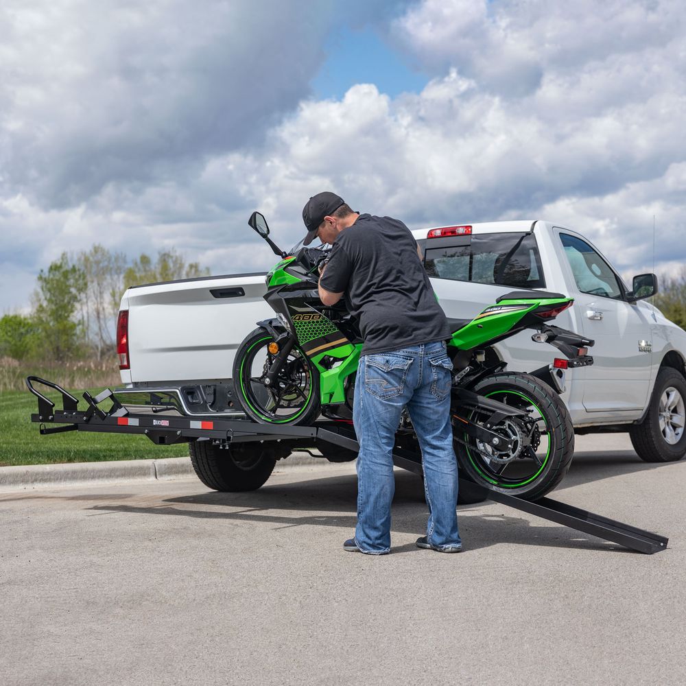 Black Widow Heavy Duty Motorcycle Carrier | Model MCC-600 | Track Size 79" x 7.75" | Capacity 600 lb | For Class III & IV Hitches