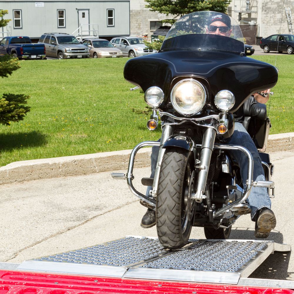 Black Widow Big Boy EZ Rizer™ Arched Folding Motorcycle Ramp | Models MF2-9638-EZ To MF2-14438-EZ | Size 8' To 12' x 38" | Capacity 2,000 To 3,000 lb | Horsepower 4 To 90+ HP | For Trucks & Trailers