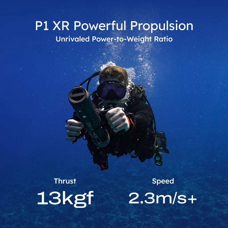 Lefeet Underwater Scooter | Model P1 Standard & P1 XR | Length 9.72"–15.79" | Width 12.40" | Height 5.12" | 9 & 13 kgf Thrust | 60m Depth | 60–90 Min Runtime | For Scuba, Freediving & SUP