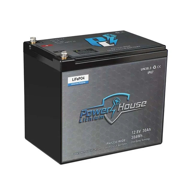 PowerHouse Lithium 12V 30Ah Deep Cycle Battery (Wide) | Model PH1230-WIDE-KIT  | 360Wh | For Marine & Fish Finder