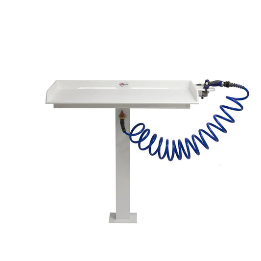 RIO MARINE CUSTOMS | Pedestal Fillet Table | Model RWFCS-PED-HS | 40" W x 23" D | Integrated Hose System | Universal Boat & Dock