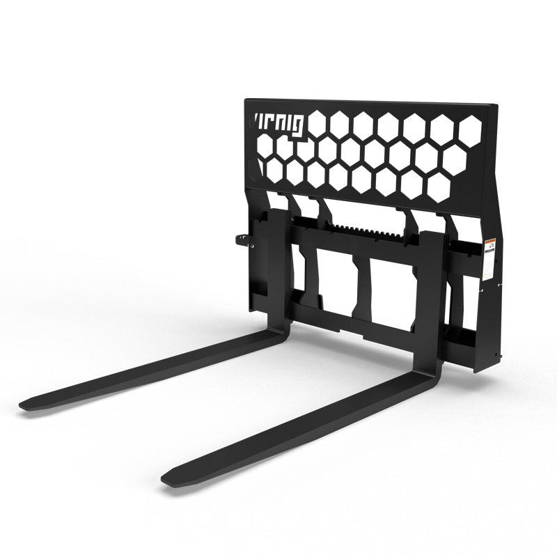 Virnig Rail Pallet Fork: Hex-Guard | Models PFHG4240 To PFHG4862 | Tine Lengths 42” To 72” | Widths 50.5" / 45.5" | Hydraulic Flow 15 To 25 GPM | For Skid Steer