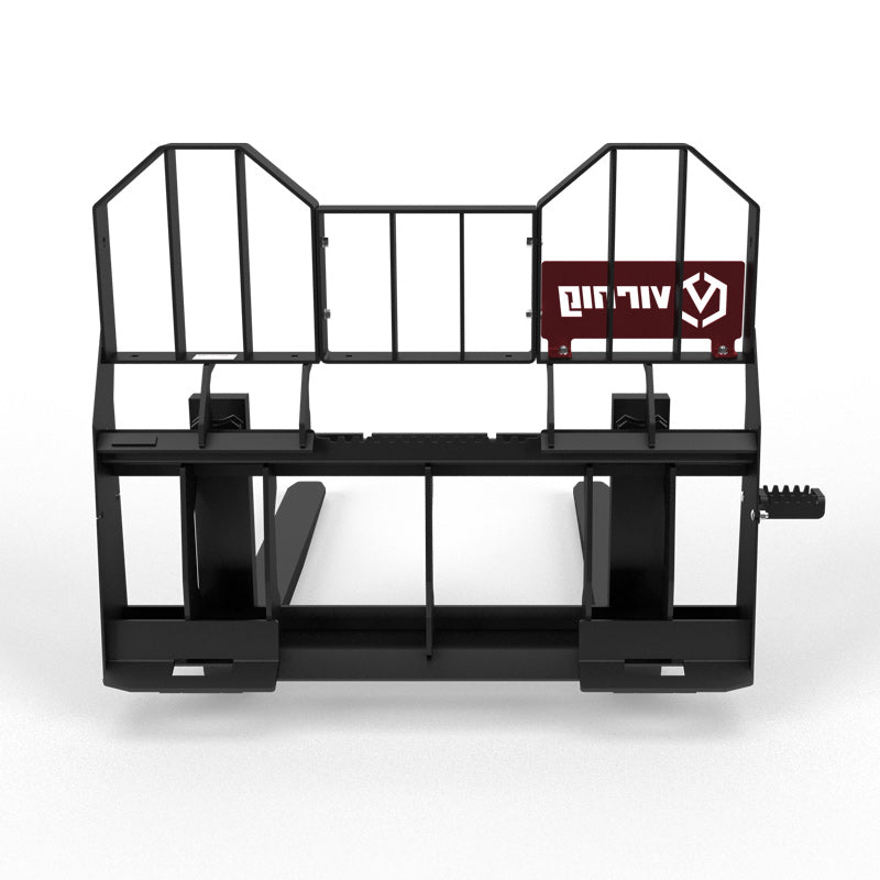 Virnig Rail Pallet Fork: Hi-Vis | Models PF4240 To PF4862 | Tine Length 42" To 72" | Widths 50.5" / 45.5" | Hydraulic Flow 15 To 25 GPM | For Skid Steer