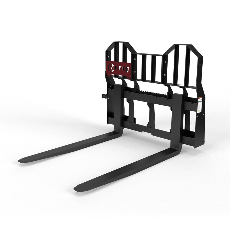 Virnig Rail Pallet Fork: Hi-Vis | Models PF4240 To PF4862 | Tine Length 42" To 72" | Widths 50.5" / 45.5" | Hydraulic Flow 15 To 25 GPM | For Skid Steer