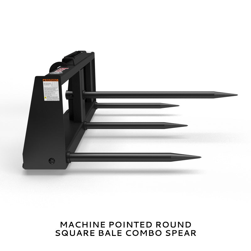 Virnig Hay Handling Machine Pointed Bale Spears | Models BSV48, BFV48, CBV48, SSV48 & BASS66 | Widths 45.5" To 66.5" | Hydraulic Flow 15 To 25 GPM | For Skid Steer