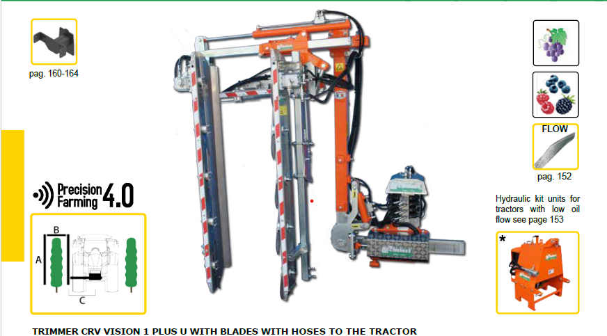 Rinieri Trimmer CRV Vision-1 Plus U with Blades | Precision Pruning for Hilly Vineyards | 41" -83" Cutting Width  | Vertical Height 30" for Tractor