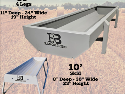 Global Equipment Ranch Boss 10' Bunk Feeder | Models 4‑Leg & Skid | Length 10' | For Livestock Feeding