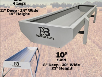 Global Equipment Ranch Boss 10' Bunk Feeder | Models 4‑Leg & Skid | Length 10' | For Livestock Feeding