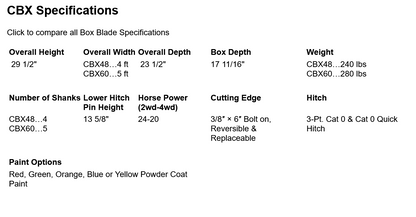 Dirt Dog CBX Series Light Duty 3-Point Box Blade | Model CBX-48 and CBX60 | 48" and 60" Oveall Width | 20-24HP | For Tractor