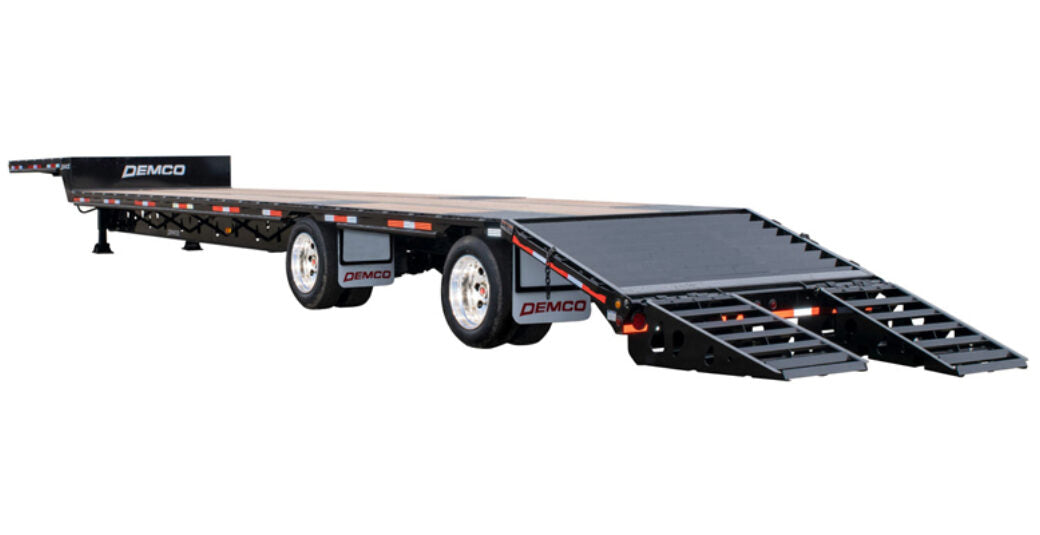 Demco | Tandem Axle Steel Drop Deck Trailer | Model DD43-5 & DD48-5 | Width 102" | GVWR 68,000–80,000 lbs | 5' Beaver Tail with Twin Ramps | Horsepower 400 To 700 HP | For Tractor