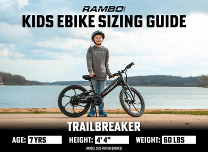 Rambo | E-Bike | Model Trailbreaker 3.0 | 250W Hub Motor | 24V 10.5Ah Integrated Battery | Up to 15 Mile Range | Top Speed 17 MPH | For Ages 5–10