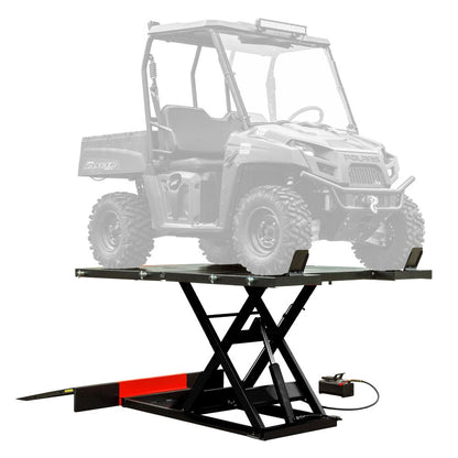 Black Widow Air/Hydraulic UTV & Trike Lift Table Wide | Model UTV-2500-60 Model UTV-2500-64 | Platform Size 64" | Capacity 2,500 lb | Horsepower Up To 100 HP | For UTVs, ATVs & Trikes
