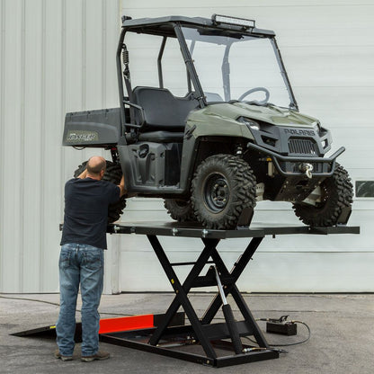 Black Widow Air/Hydraulic UTV & Trike Lift Table Wide | Model UTV-2500-60 Model UTV-2500-64 | Platform Size 64" | Capacity 2,500 lb | Horsepower Up To 100 HP | For UTVs, ATVs & Trikes