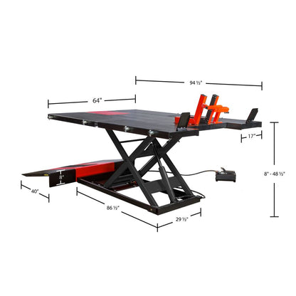Black Widow Air/Hydraulic UTV & Trike Lift Table Wide | Model UTV-2500-60 Model UTV-2500-64 | Platform Size 64" | Capacity 2,500 lb | Horsepower Up To 100 HP | For UTVs, ATVs & Trikes