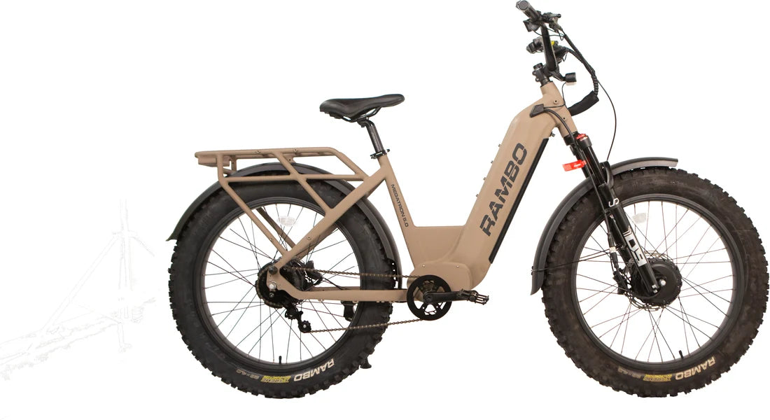 Rambo Megatron 5.0 Step-Thru AWD Electric Hunting Bike | Top Speed 36-38 mph | Range 65 Miles (Single Battery)